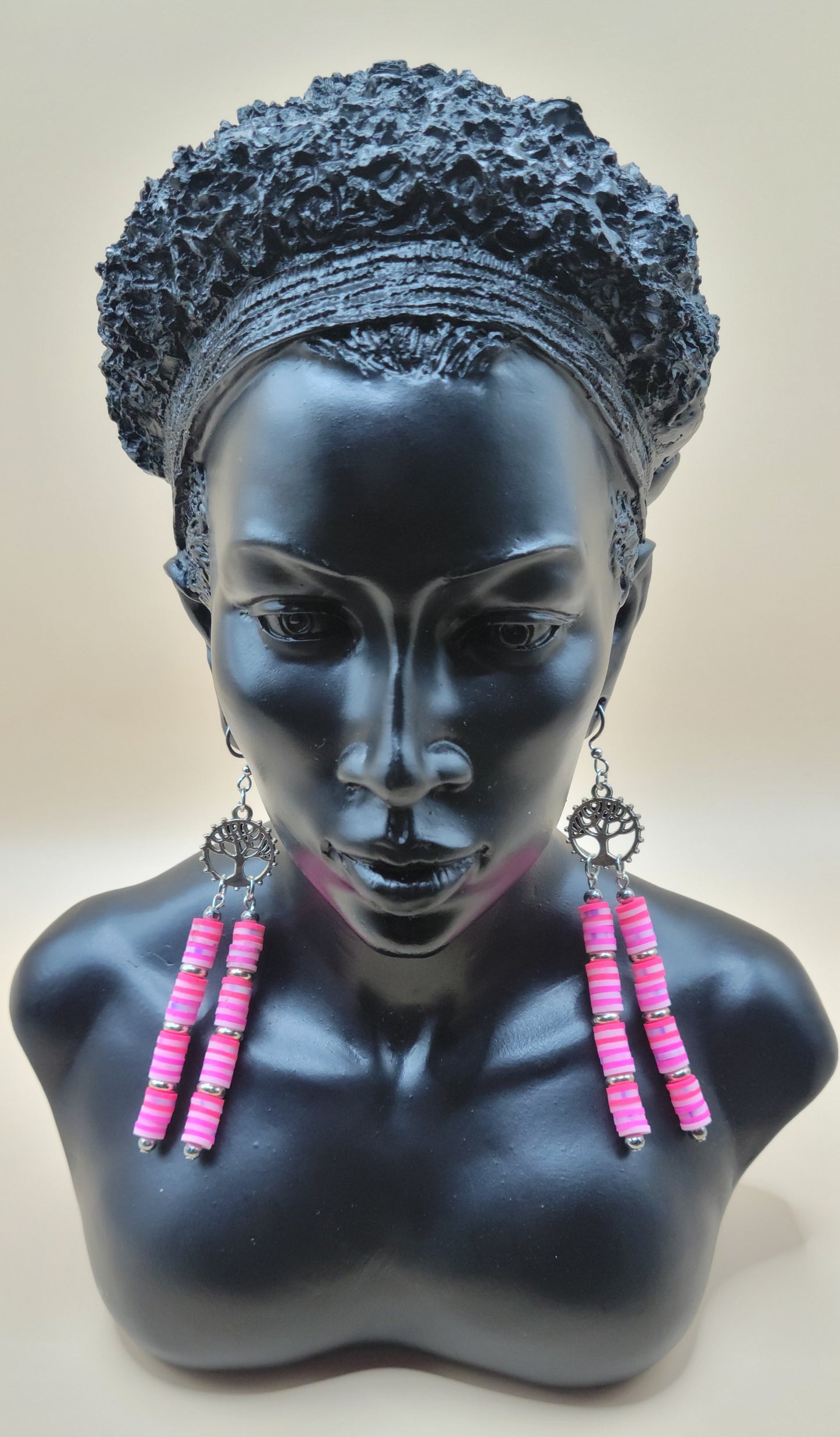 Pink tree of life clay bead earrings